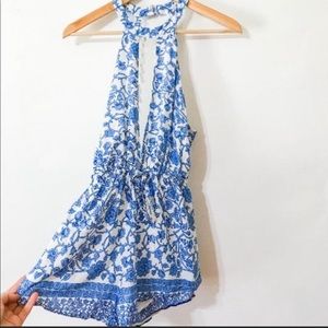 LF angel biba blue patterned halter romper with tassels